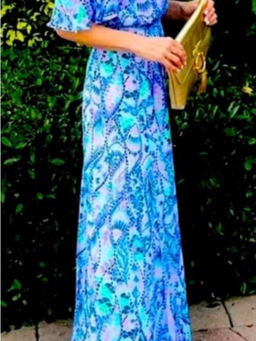 Lilly Pulitzer Blue, Aqua & Lilac Printed Maxi Dress with Waist Tie
